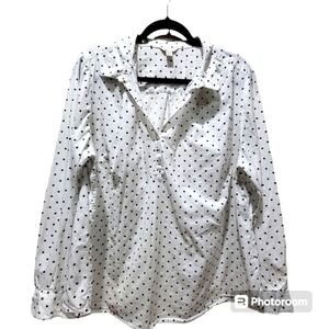 CATO 18/20W 100% Cotton White Black Polka Dot Half Button Down V Neck Blouse